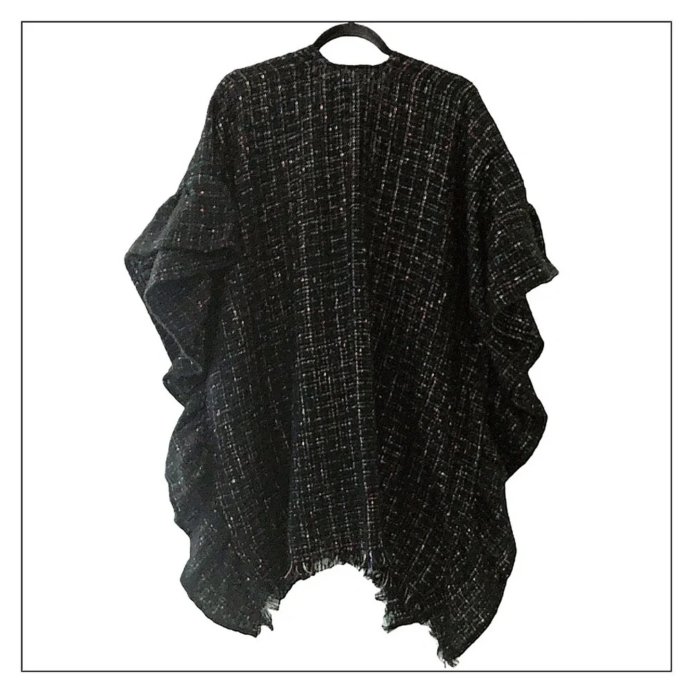 Nwt Black Ruffled Lurex Cozy Ruana Shawl Wrap